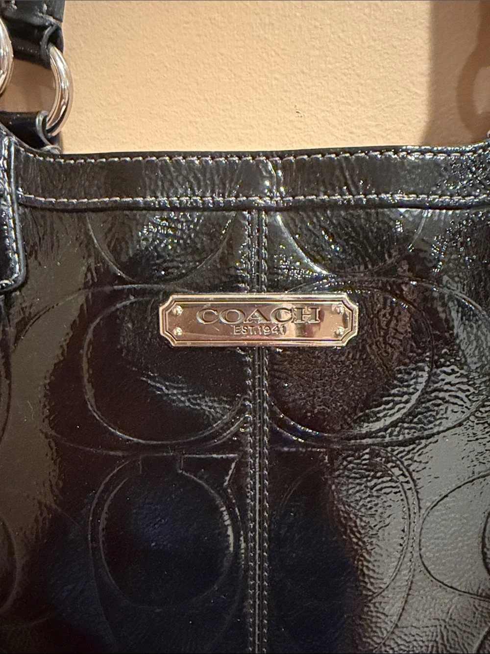 Coach Black Patent Leather Tote with Signature Jacquard